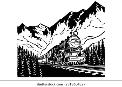 Steam Train Vector Retro Train Mountains Illustration Silhouette 