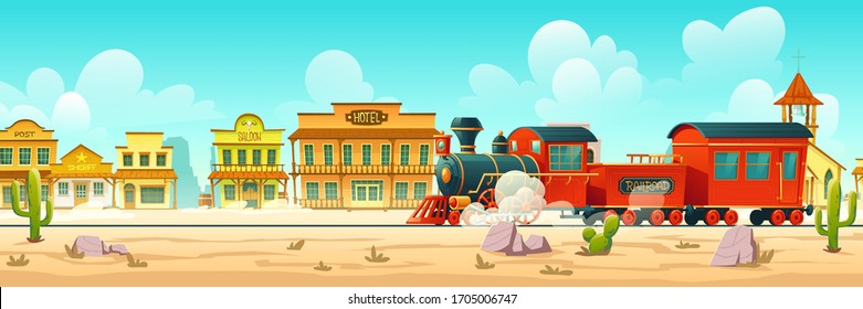 Steam train in western town. Wild west desert landscape with cactuses, railroad and old wooden buildings. Vector cartoon illustration of wild west city and vintage locomotive