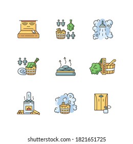 Steam treatment RGB color icons set. Finnish and russian sauna culture, healthy lifestyle. Steam bath types and bathhouse accessories. Isolated vector illustrations
