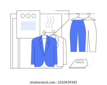 Steam tunnel abstract concept vector illustration. Clothes in steam tunnel machine, light industry, garment press, apparel finishing, fabrics and textile production abstract metaphor.