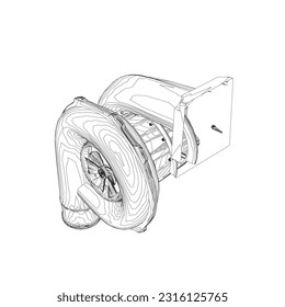 Steam turbine rotor operation. Vector illustration. Automotive turbine outline.