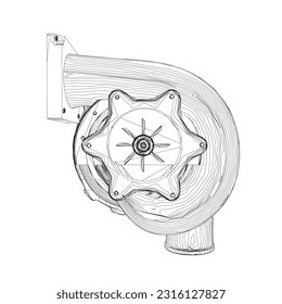 Steam turbine rotor operation. Vector illustration. Automotive turbine outline.