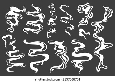 Steam vapor effect. Cartoon cigarette curly smoke, fog and steam comic design. Vector isolated set