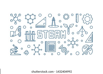 STEAM vector concept blue horizontal banner or illustration in thin line style on white background