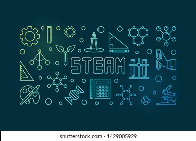 STEAM vector concept colored outline horizontal illustration or banner on dark background