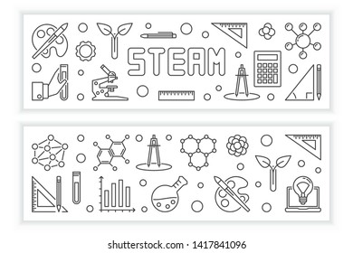 STEAM vector concept modern horizontal banners in thin line style on white background