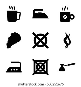 steam vector icons. Set of 9 steam filled icons such as mug, iron, no dry cleaning, coffee, turk