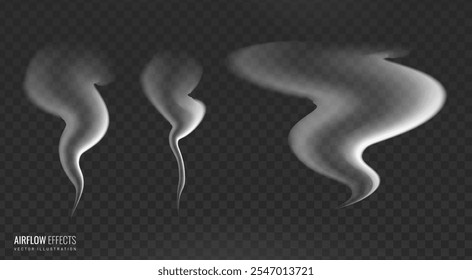 Conjunto de Vector de vapor de alimentos y bebidas calientes, concepto para plato caliente, Elementos de diseño aislados de flujo de aire blanco sobre fondo de rejilla negro, humo de arco de té y café, Ilustración vectorial