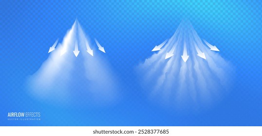 Flujo de aire translúcido blanco del vapor aislado en fondo azul de la rejilla. Vector Vapor de efecto realista, concepto para humidificador y chorro de vapor limpio