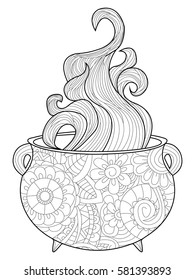 With steam witches cauldron coloring book for adults vector illustration. Anti-stress coloring for adult magic. Zentangle style. Black and white lines. Lace pattern boiler