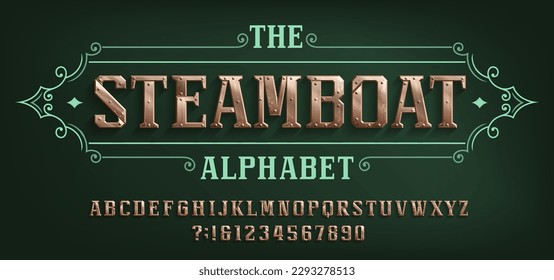 The Steamboat alphabet font. Riveted letters and numbers in steampunk style. Stock vector typescript for your design.