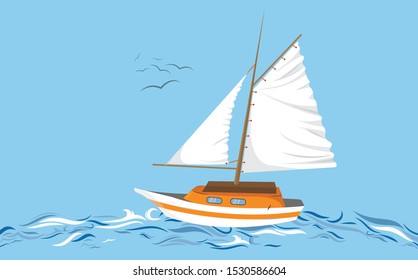 Steamboat isolated on white. Transportation sailboat with lifebuoy, speedboat floating vector icon - Vector