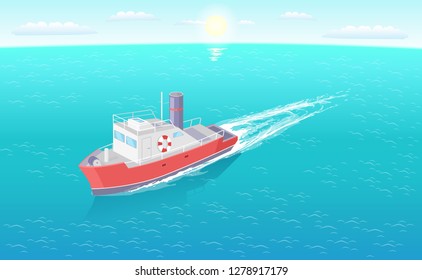 Steamboat marine transport vessel sailing in sea or ocean leaving traces in water. Transportation sailboat on skyline, speedboat floating vector icon