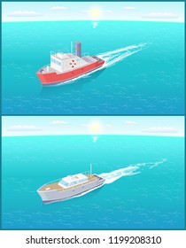 Steamboat marine transport vessels sailing in sea or ocean leaving traces in water. Transportation sailboats on skyline, speedboat floating vector icon
