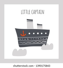 Steamboat in the sea. Card,postcard, poster with boat, waves, text space for kids