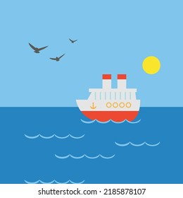 Steamboat at sea and seagulls on a sunny day