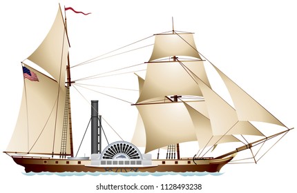 Steamboat, Steamship, sailing ship sidewheel steamer color realistic vector illustration