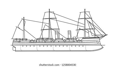 Steamboat. Steamship. Sailing ship sidewheel steamer  realistic vector illustration. Black and white illustration.