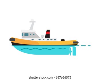 Steamboat vector illustration isolated on white. Fishing vessel, speed boat marine nautical type of transport in flat style, motorboat icon