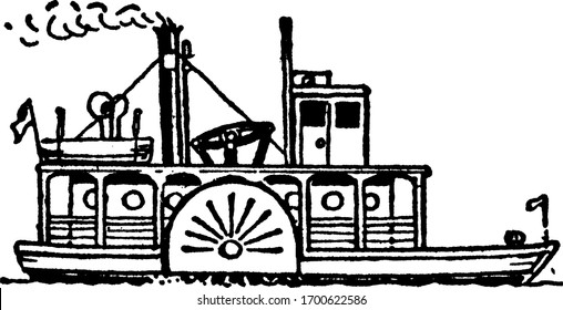 Steamboat In The Water, Vintage Line Drawing Or Engraving Illustration