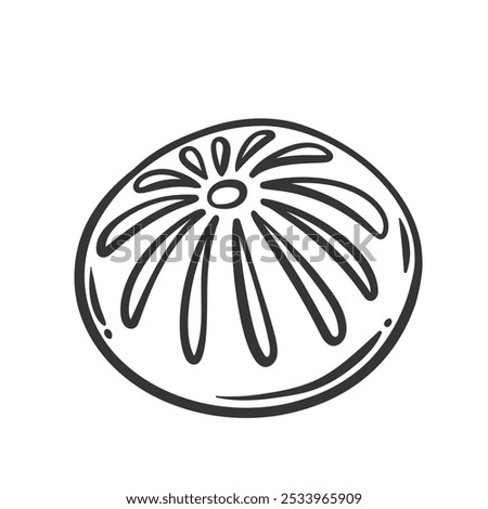 Steamed bao bun or dumpling line icon. Outline hand drawn steamed dough with filling of round shape, top view. Chinese cuisine, food snack mascot, Baozi, manti dumpling icon vector illustration