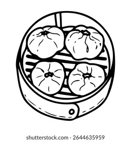 Steamed baozi dumplings. Hand drawn doodle vector. Traditional Asian food. Bao pie made of yeast dough with meat filling. Restaurant menu. Illustration line art element.