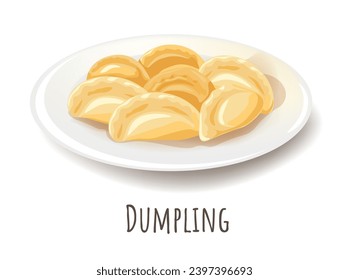 Steamed or boiled dumpling. Isolated plate with pieces of cooked dough wrapped around filling with vegetables or meat. Tasty, nutritious and easy to prepare lunch or diner. Vector in flat style