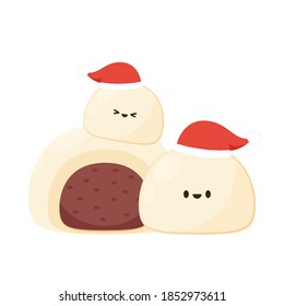 Steamed Bun character. Red bean bun vector. free space for text. Santa hat.