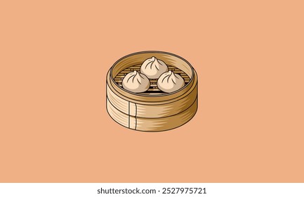 Pãezinhos cozidos em uma cesta de bambu, ilustração de estilo dim sum.