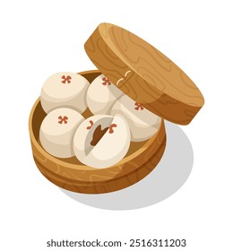 Steamed buns in wooden basket. Vector illustration