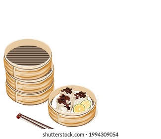 bolas de cerdo chinas al vapor, siomai sa tisa en vapor de cesta de bambú y vapor liso. Bolas de voley al vapor aisladas sobre fondo blanco. Cierra la ilustración vectorial de la mano de alimentos asiáticos.