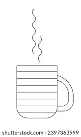 Steamed coffee cup black and white 2D line cartoon object. Beverage hot. Mug striped. Drink tea cup isolated vector outline item. Coffeeshop. Latte cappuccino monochromatic flat spot illustration