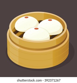 Steamed custard bun with yolk dim sum on a bamboo tray, vector illustration