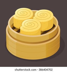 Steamed custard roll sponge cake dim sum on a bamboo tray, vector illustration