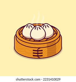 steamed dimsum or dumplings in a bamboo steamer basket isolated cartoon vector