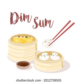 Steamed dumpling dimsum in traditional bamboo steamer on white backgrounds. Vector illustration.