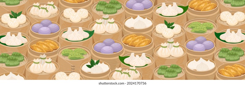 Steamed dumplings background. Momo and dim sum in bamboo steamer baskets. Asian traditional cuisine. Vector illustration in cartoon style