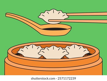 Steamed dumplings being served with sauce using chopsticks illustrated in a colorful hand-drawn cartoon style perfect for culinary food snack store design element