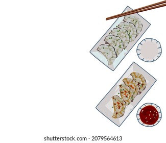 steamed dumplings with chilly sauce and vegetables dumpling plate and chopsticks. Isolated dumpling on white background. Asian food vector illustration. Chinese new year menu.
