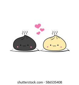 Steamed dumplings dim sum cartoon poster design on white background, vector illustration.
