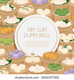 Steamed dumplings. Dim sum or momo in bamboo steamer baskets. Banner template with various dumplings and space for text. Asian traditional cuisine. Vector illustration flyer design