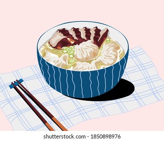 Steamed dumplings and duck noodles with soup in the bolw on a plate mat. Close up food hand drawing vector illustration.