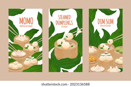 Steamed dumplings momo and dim sum. Template of flyer, poster, menu card cover restaurant with different dumplings, steamed buns. Momo and dimsum in steamer bamboo basket. Vector in cartoon flat style