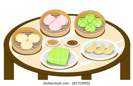 steamed dumplings on round table, dim sum vector illustration