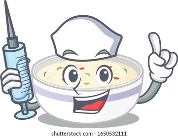 A steamed egg hospitable Nurse character with a syringe