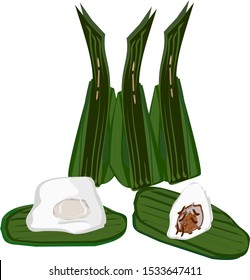 Steamed flour with coconut filling (Thai dessert - Sai Sai dessert), - pastry wrapped with triangular banana leaf, traditional Thai dessert, Asian dessert