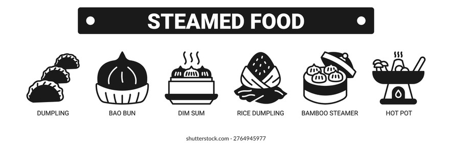 Steamed Food web banner icon vector illustration concept with icons of dumpling, bao bun, dim sum, rice dumpling, bamboo steamer, and hot pot.