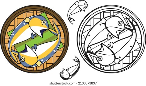 The steamed mackerel in a basket on a banana leaf background, mackerel line drawing vector.