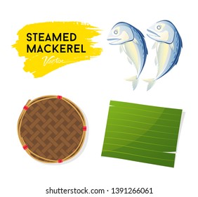 Steamed mackerel and leaf banana with bamboo basket vector collection isolated on white background, illustration