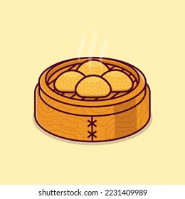 steamed mantau or dimsum in a bamboo steamer basket isolated cartoon vector